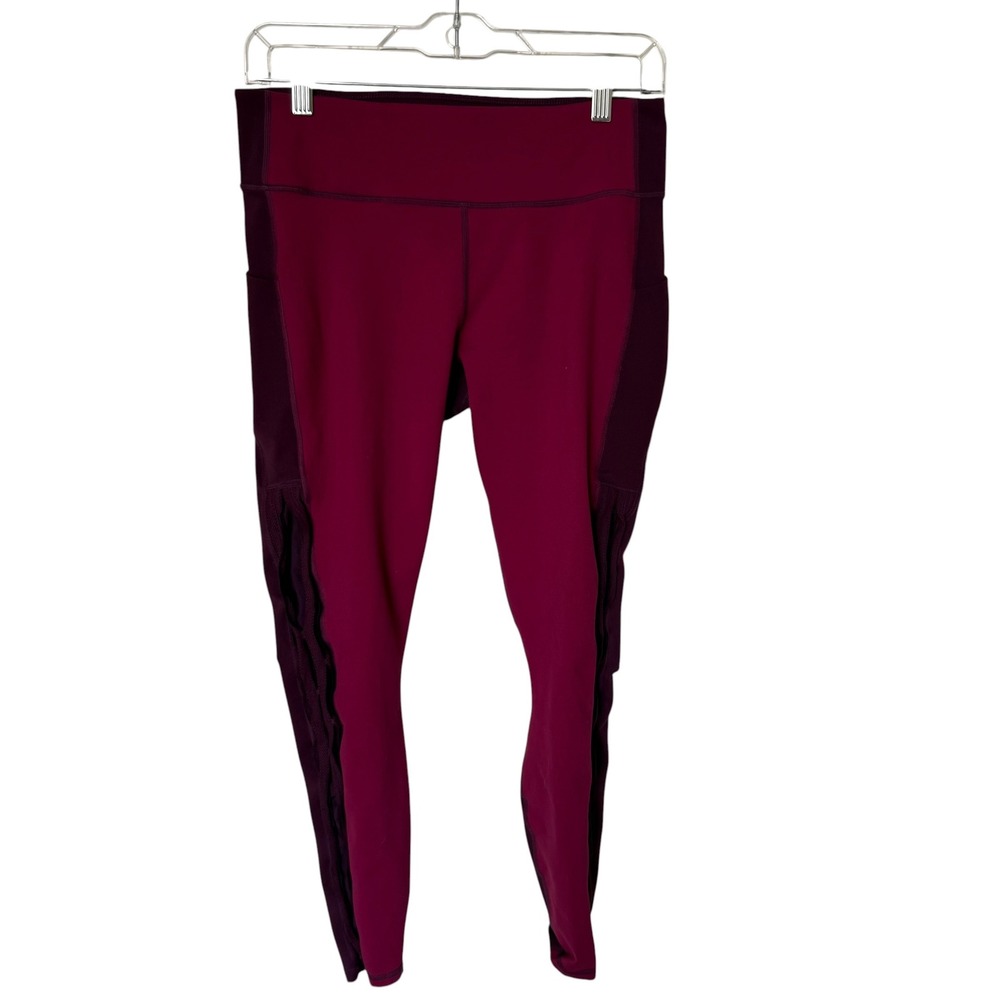 Fabletics Powerhold Leggings Women L Berry Burgundy Good Ruffle Mesh Pockets